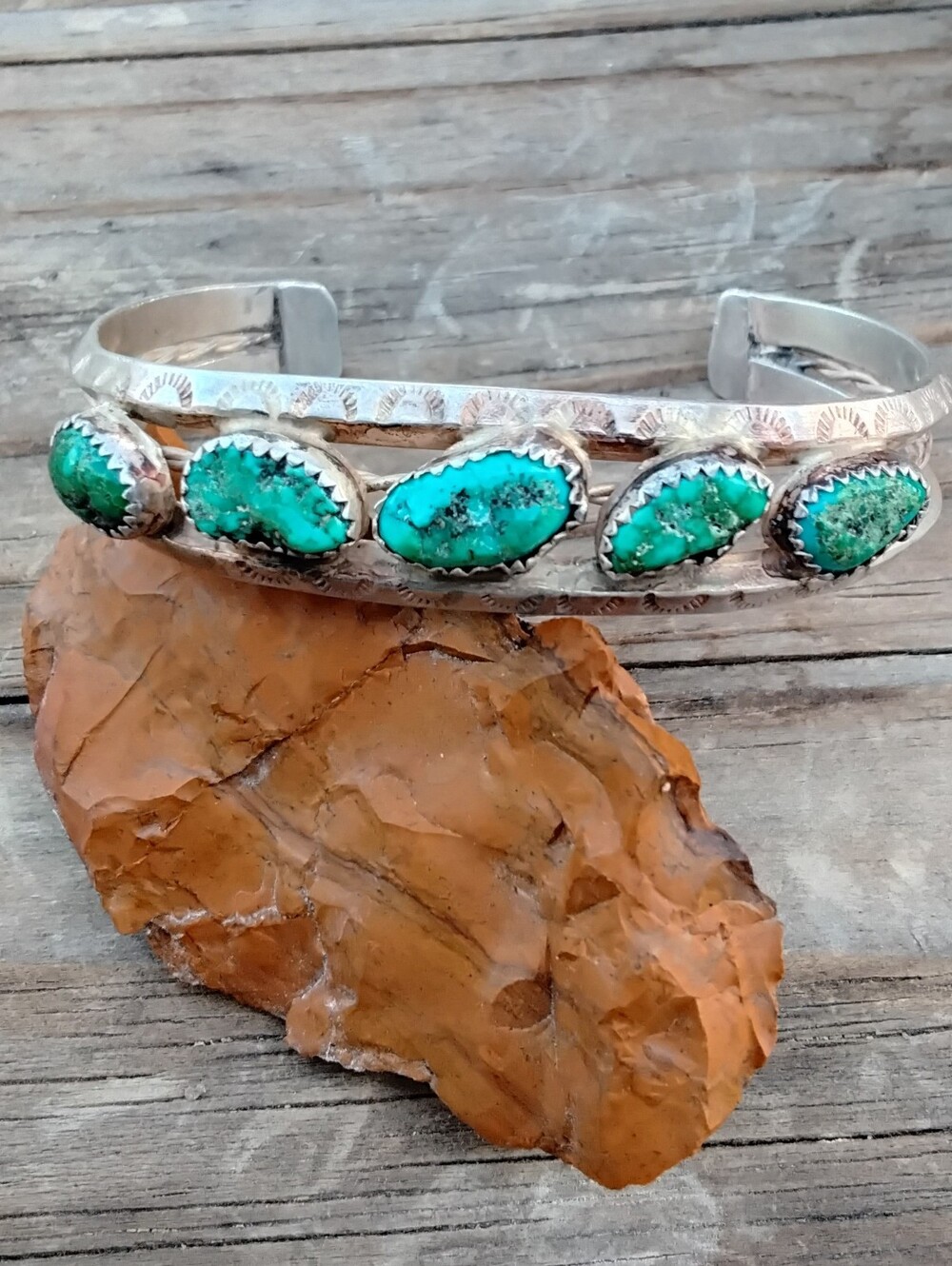 Vintage Silver Cuff Bracelet With Oval Green Turquoise Stones "6.5"